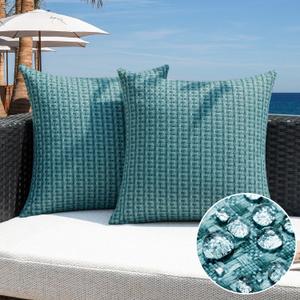 Kevin Textile Outdoor Waterproof Throw Pillow Covers Pack of 2 Weaving Texture Water Resistant Outside Decorative Cushion Covers for Garden Patio Tent Balcony Bench Couch Sofa 16x16 Inch, Teal