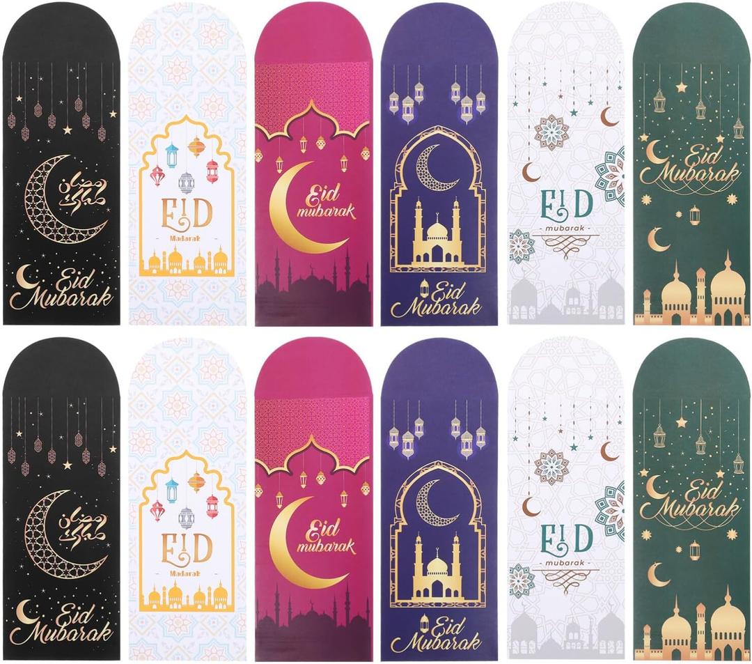 6 Patterns 18 Pcs Eid Mubarak Money Envelopes - 7 x 3.2 inch Islamic Festival Cash Gift Card Holders for Kids, Ramadan Pockets Envelope for Eid Holiday Celebrations, Weddings, and Special Occasions
