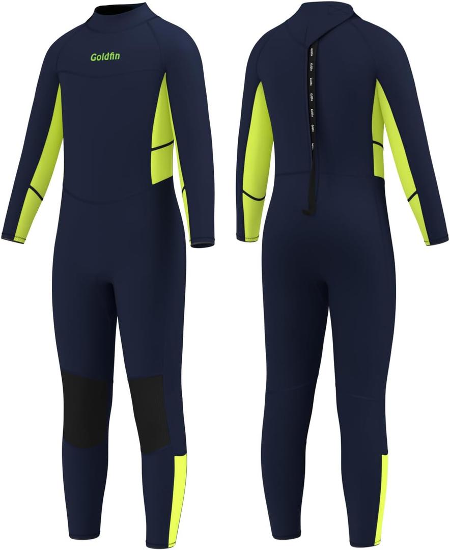Goldfin Kids Wetsuit, Boys Girls 3mm Wet Suits Youth Toddler Neoprene Back Zip Keep Warm for Cold Water Swimming Diving Snorkeling Surfing Paddleboarding (6, 1. Boys Fullsuit - Navy)