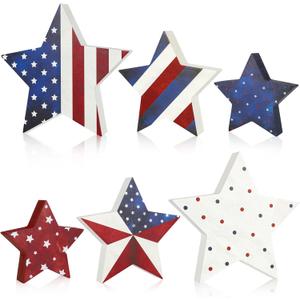 4th of July Decorations Wooden Star Set of 6, Red White and Blue Decorations, Watercolor Patriotic Memorial Day Tiered Tray Decor, Labor Day Veterans Independence Day Decor for Home Office Table Shelf