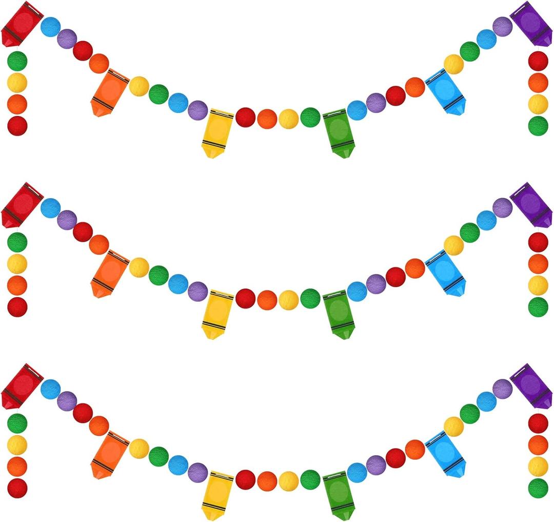 Rtteri 3 Pcs Crayon Felt Pom Pom Ball Garland Classroom Back to School Decor Handmade Felt Ball Hanging Garland for School Classroom Ambience Celebration Decor