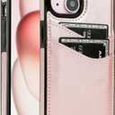 for iPhone 13/14/15 Case with Card Holder Soft Leather Wallet Case Protective Shockproof Hard Cover for Women Girls (Rose Gold)
