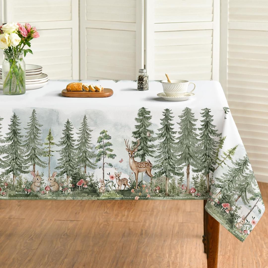 Horaldaily Spring Tablecloth 60140 Inch Rectangular, Green Spring Pine Tree Deer Rabbit Washable Seasonal Table Cover for Party Picnic Dinner Decor