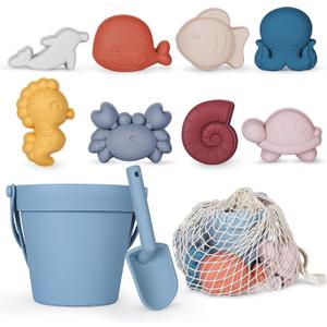 MarcZero 11Pcs Silicone Beach Toys,Modern Baby Beach Toys,Travel Friendly Beach Set,Silicone Bucket, Shovel, 8 Sand Molds, Beach Bag,Silicone Sand Toys for Toddlers, Kids (Blue)