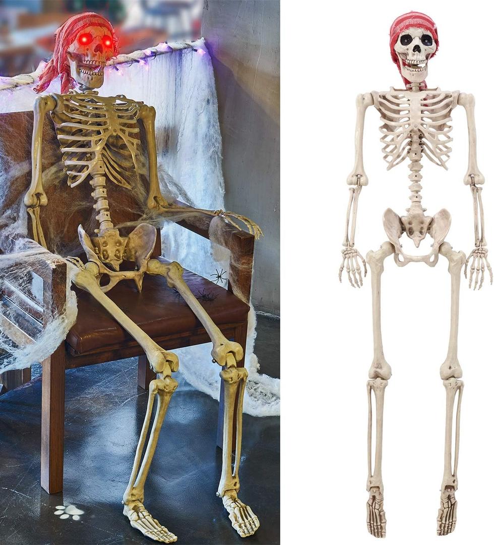 yosager 5.4 ft Pose-N-Stay Life Size Skeleton with Glowing Eyes, 2024 Upgrade Human Bones Full Body Realistic with Posable Joints, Pose Skeleton Prop for Halloween Decoration