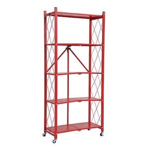 DEANIC 5-Shelf Folding Bookcase with Wheels, Heavy Duty Storage Shelves, Freestanding Metal Wire Shelving Unit for Living Room, Office, Kitchen, Basement, Pantry(Red)