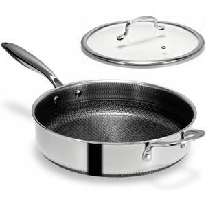 USELUCK-Non-electric deep fryers Hybrid Nonstick 5.5-Quart Deep Saut Pan with Tempered Glass Lid, Stay-Cool Handle, Dishwasher-Friendly, Oven-Safe, Induction Ready, Compatible with All Cooktops (Single Helper Handle)