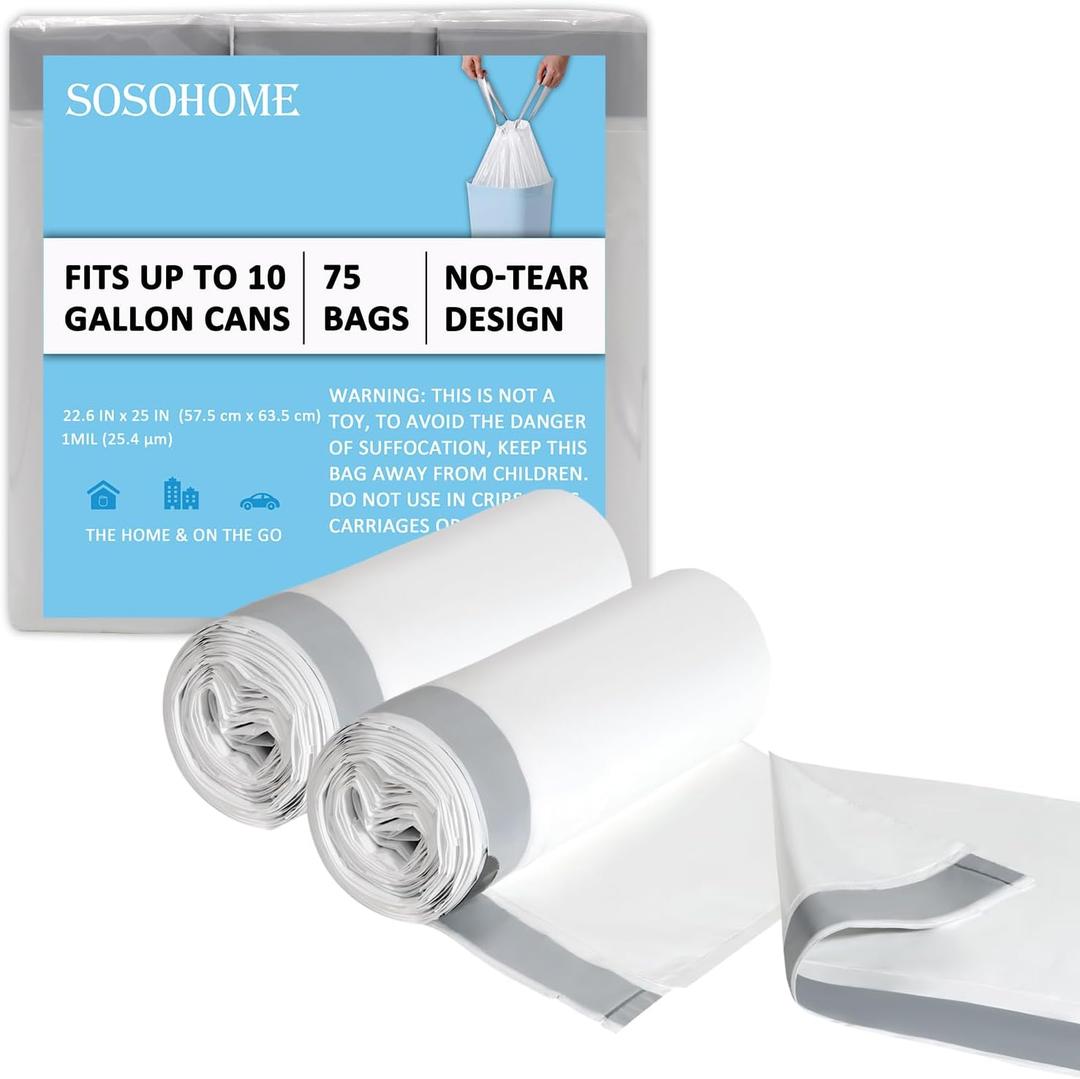 10 Gallon Trash Bags Drawstring, 1 Mil Thick White Garbage Bag for Office Kitchen, 75 Count