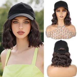 GUOJIAN Hat Wigs for Women 6' Short Wave Baseball Cap Wigs with Curly Hair Extensions Synthetic Wave Wig Adjustable Hat with Hair Attached for Daily Use (#4, 6inch)