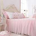LELVA Romantic Roses Print Duvet Cover Set with Bed Skirt Pink Lace Ruffle Floral Shabby Chic Bedding Sets Full 4 Piece