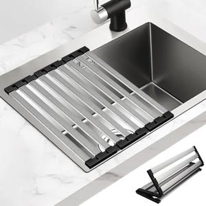 TIKNIK 17.5" X 13" Roll Up Dish Drying Rack, 304 Stainless Steel Over Sink Dish Drying Rack, Foldable Heat-Resistant Dishes Drainer for Kitchen and RV Sink Counter, Black