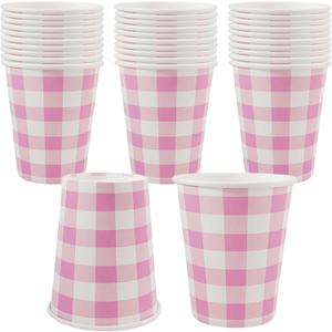 Pink Paper Cups Pink Gingham Party Supplies Easter Day Pink Coffee Cups Disposable Valentines'day Beverage Cups (30)