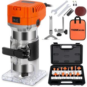 THINKWORK Router Tool, 6 Variable Speeds Wood Router for Woodworking, 6.5 Amp 1.25 HP Trim Router with 15 Pieces 1/4" Router Bits Set