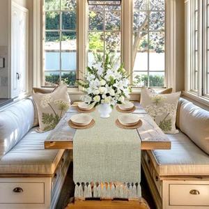 yuboo Sage Green Table Runner, Spring Coffee Table Runners 48 Inches Long, Rustic Farmhouse Short Dresser Runners for Bedroom, Dining, Breakfast Table Decor (15x55 Including Tassels)
