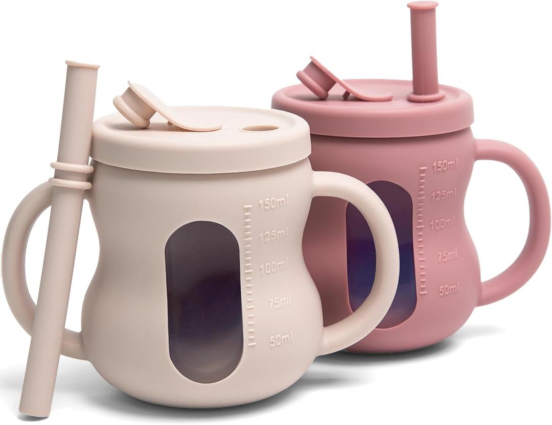 100% Silicone Baby Training Cup 2PCS See-through Toddler 5OZ Straw Drinking Cups for Infants 6 Months+ (Pink and Beige)
