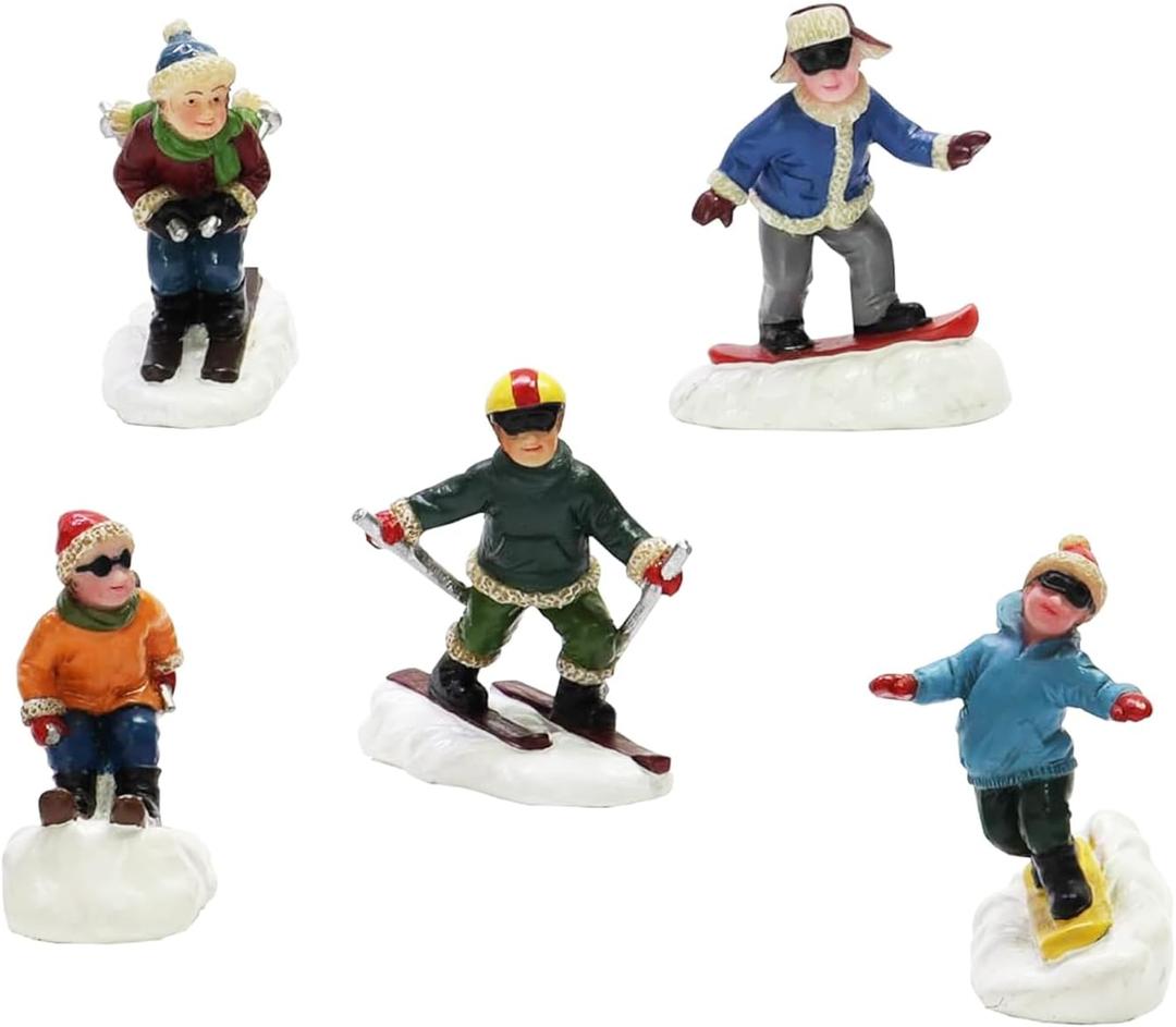MOMENTS IN TIME Christmas Village Set of 5 Skiing Snowboarding Figures Hand Painted Polyresin Holiday Skiers Snowboarders for Miniature Winter Scene
