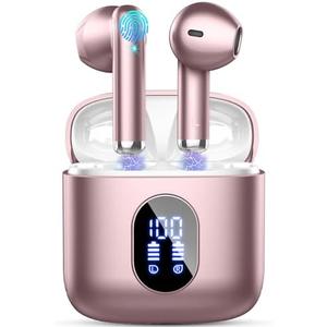 Rinsmola Wireless Earbuds, Bluetooth Headphones 5.4 with ENC Noise Cancelling Mics, 30H Bluetooth Ear Buds 3D Bass with LED Display Charging Case, IP7 Waterproof Wireless Earphones for Android, iOS, Rosegold