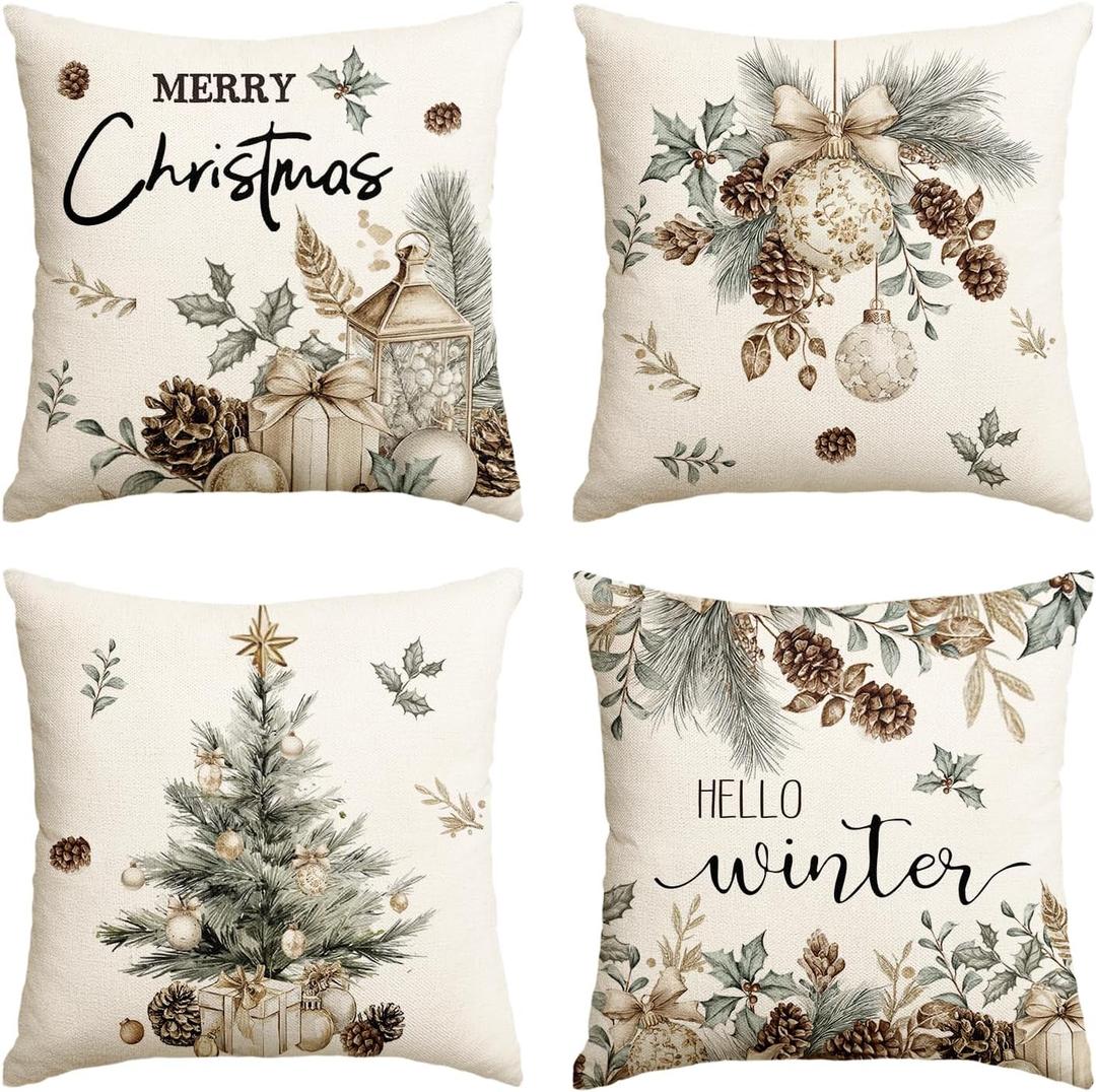 AVOIN colorlife Merry Christmas Trees Pine Needle Pinecone Throw Pillow Covers, 20 x 20 Inch Xmas Balls Hello Winter Holiday Cushion Case Decoration for Sofa Couch Set of 4