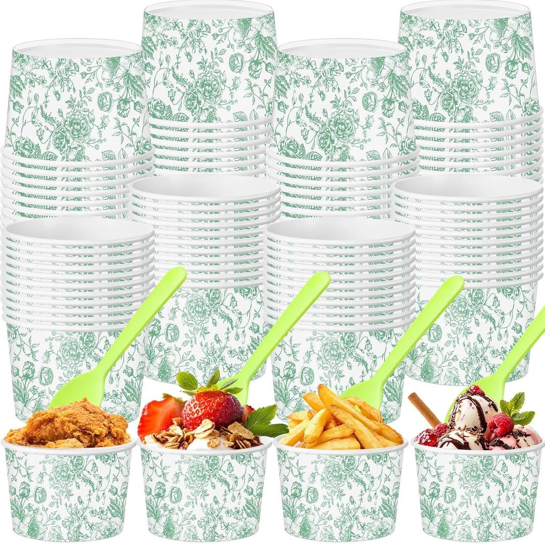 Honeydak 48 Set Floral Paper Ice Cream Cups 9 oz Disposable Treat Snack Cups with Spoons Dessert Bowls for Sundae Frozen Yogurt Soup Birthday Bridal Shower Wedding Party(Green)