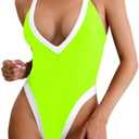 ChiaoLezhee Color Block Swimsuit, Plunge V Neck High Cut, Pool Party Vacation, Sexy Backless One Piece Bathing Suit Cheeky M