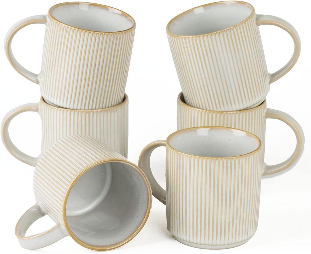 Famiware Coffee Mug Set for 6, Star 12 oz Catering Mugs Cup Set with Handle for Coffee, Tea, Cocoa, Milk - Ceramic Stoneware Drinkware Set, Cappuccino White