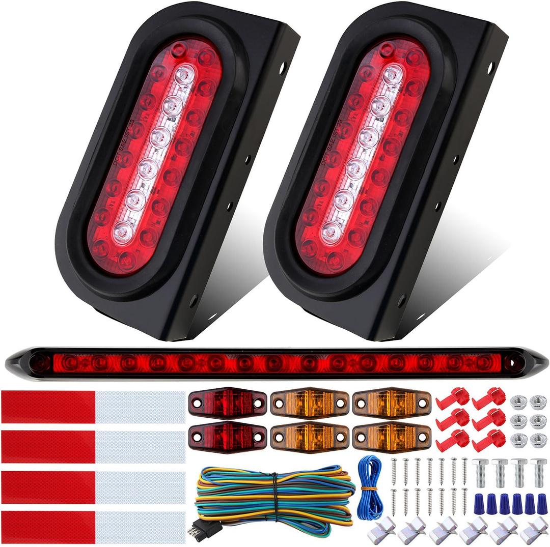 6" Inch Oval Led Trailer Tail Lights Kit w/Mounting Brackets Tail Lights Backup Reverse 4Amber 2Red Mini Marker Lights 13.8" Red Led 3RD Brake Identification Trailer Light Bar