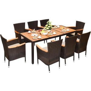 9-Piece Patio Dining Set, Acacia Wood & Rattan Furniture Set with 8 Cushioned Stackable Armrest Chairs and Table, Outdoor Table & Chair Set for Backyard, Garden, Poolside, HW71814