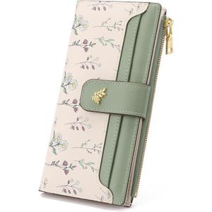 GAEKEAO Womens Wallet Slim Thin RFID Blocking Floral Vegan Leather Card Holder Bifold Long Ladies Wallet with Zipper Pocket