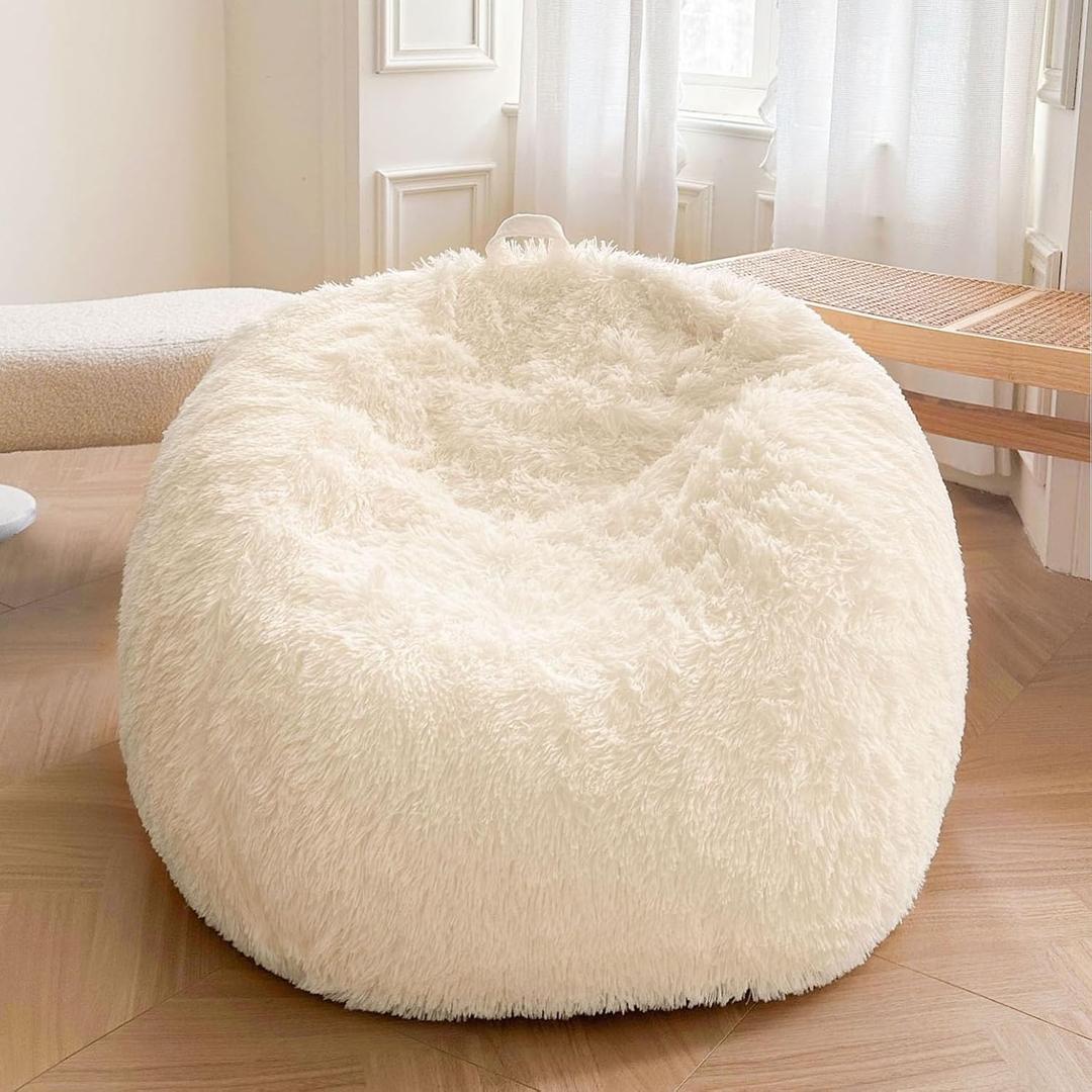 XeGe Kids Fluffy Faux Fur Bean Bag Chair Cover (No Filler), Soft Furry Stuffed Animal Storage Ivory Bean Bag Cover Home Decoration, Shaggy Fuzzy Beanbag for Kids Teens Girls Adults, Anti-Slip, Beige (Small(28"x28"x32"))