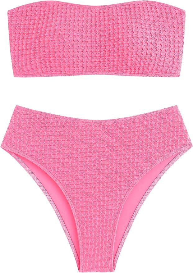 ZAFUL Women's High Cut Bandeau Bikini Set Strapless Solid Color 2 Pieces Bathing Suit Swimsuit, Small