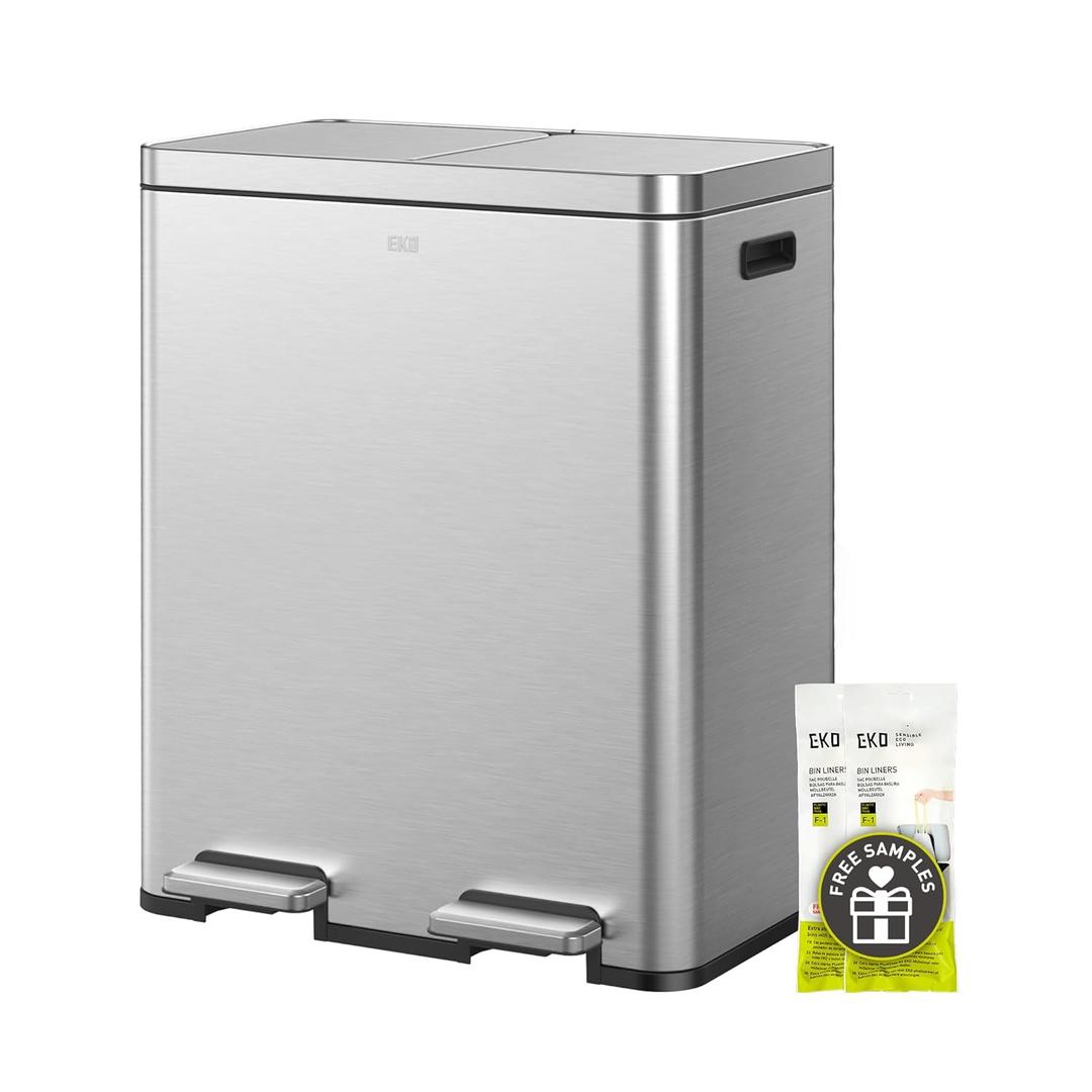 EKO Edison Dual Trash Can for Recycling and Trash, 8+8 Gallons Kitchen Garbage Can with Dual Removable Inner Liners, Independent Lids and Pedals, Matte Stainless Steel