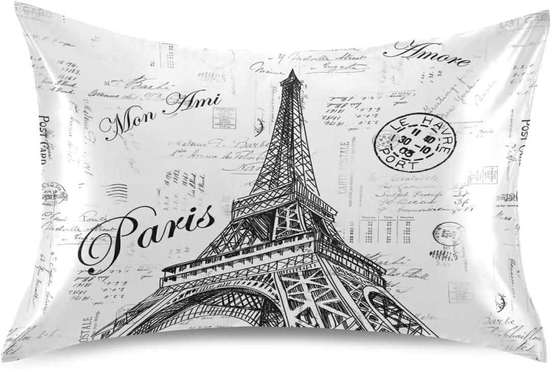 Nander Paris Eiffel Tower Satin Pillowcase for Hair and Skin Cool Soft Silk Pillow Cases No Zipper, 1 PCS Pillow Cover with Envelope Closure - 20x40 inch