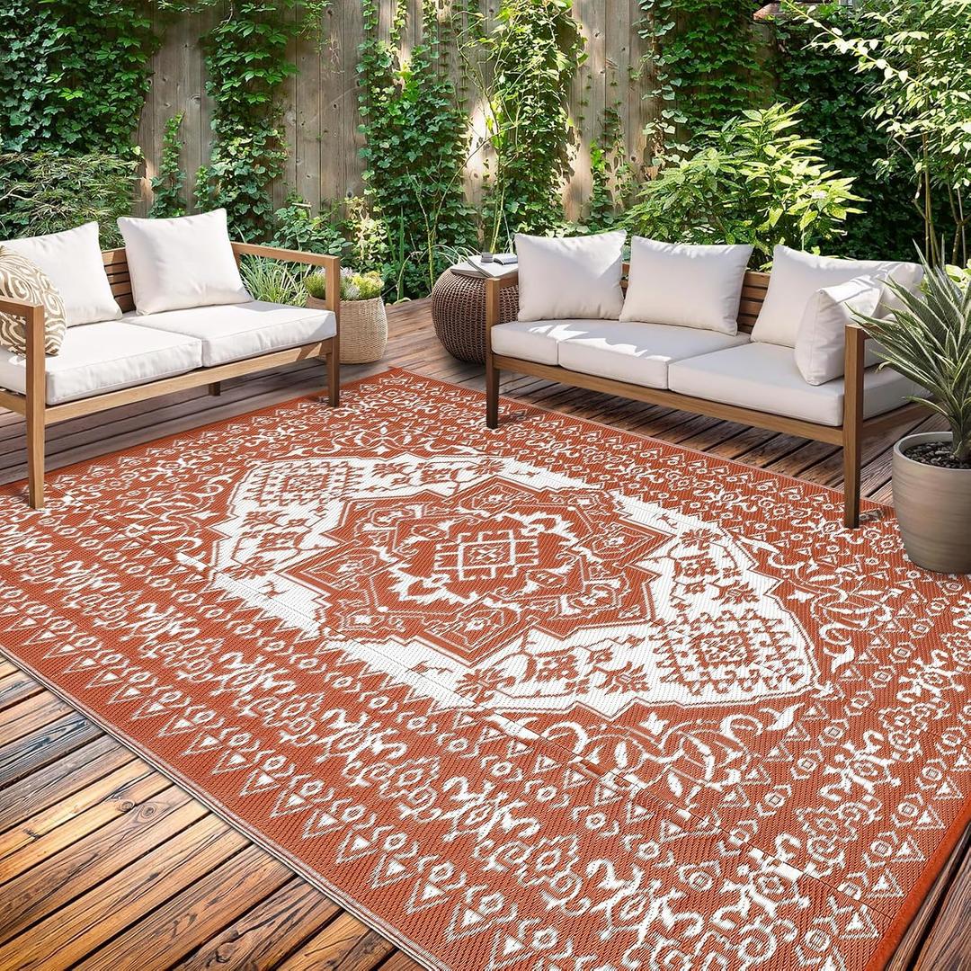 GarveeHome Outdoor Rugs 8x10 Waterproof Reversible Outdoor Plastic Straw Rug Vintage Retro Patio Rug Indoor Outdoor Carpet RV Mat Outside for Patio Camp Balcony Deck Picnic, Vintage Orange Terracotta