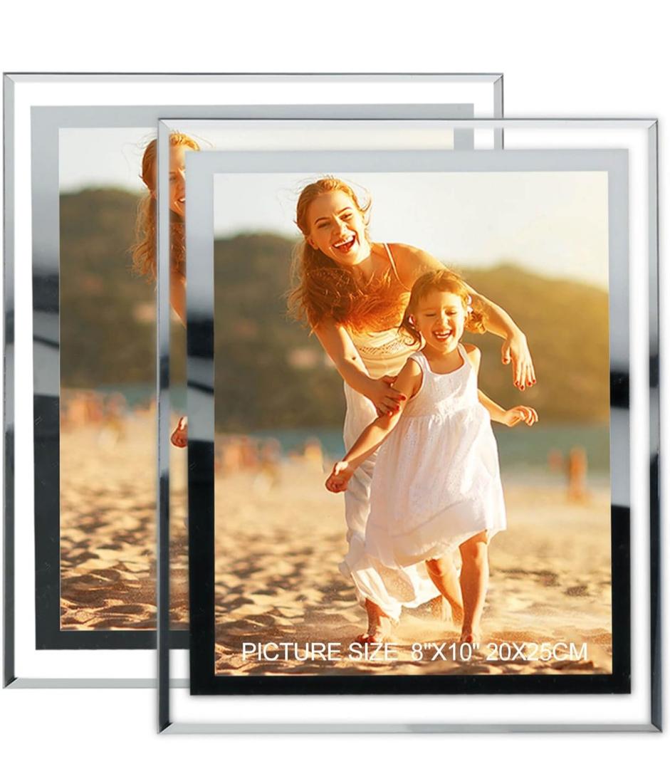 8x10 Picture Frames Silver - Set of 2, HD Real Glass 8 by 10 Photo Frame Mirrored Edge for Tabletop Display,Wedding Birthday Christmas Day Gifts (8 x 10, Silver)
