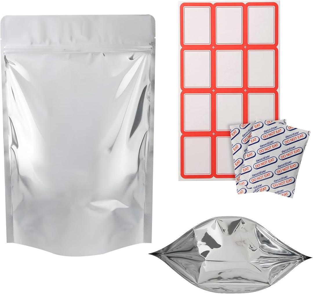100 Pack 7 x 10 Inch Mylar Bags for Food Storage with Oxygen Absorbers 300CC(110Pcs) and Labels(120Pcs), 1 Quart Stand Up Resealable Mylar Bags(5mil Thickness)