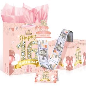 Rose Gold Pink 16th Birthday Money Box and Gift Bag with Wrapping Paper Card for Decorations Party Supplies