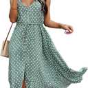 BROVAVE Women's 2025 Summer Casual Boho Sundress Polka Dot Spaghetti Strap V Neck Flowy Midi Dresses (Green)