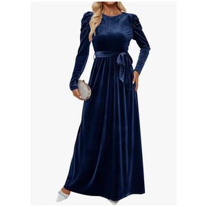 ZESICA Women's Velvet Maxi Dress Long Puff Sleeve Crew Neck Elastic High Waist Cocktail Party Bridesmaid Dresses L