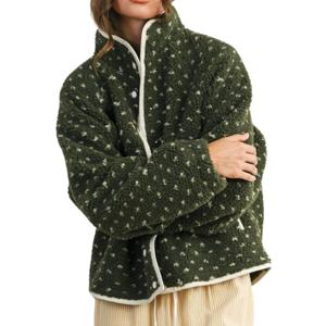 Women's Fleece Jacket Button Down Lapel Collar Sherpa Jackets Long Sleeve Contrast Quilted Outerwear (Medium, Dark Green)