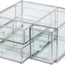 Vellon Vintage Glass Jewelry Box with Drawers, Makeup Desktop Organizer Drawer, Cosmetic Storage, Glass Box for Bracelet/Necklace/Ring/Cosmetic, Keepsake Box, Silver Stainless Steel Frame