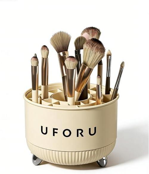 360 Degree Rotating Desktop Organizer, 21 Compartments, Plastic Storage Rack for Cosmetics, Office Supplies, 11W x 11D x 3.9H inches, Cream White