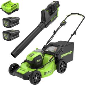Greenworks 80V 21 Brushless (Push) Cordless Electric Lawn Mower + (500 CFM) Axial Leaf Blower (75+ Compatible Tools), (2) 2.0Ah Batteries and 30 Minute Rapid Charger