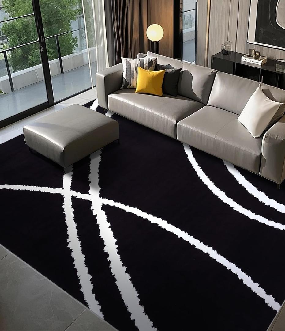 YIHOUSE Black Modern Area Rugs 8x10,Large Black and White Washable Rug for Living Room,Minimalist Striped Area Rug, Thin Abstract Geometric Rug 8x10 for Bedroom,Kitchen,Office