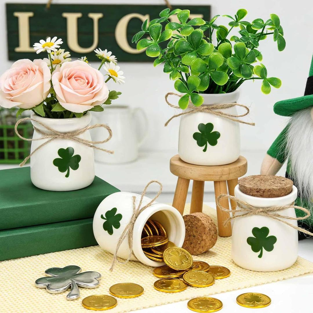 St Patricks Day Decorations-4pcs St.Patrick's Day Ceramic Mini Jars with 12Pcs Artificial Shamrock -Mini Jar for St Patricks Day Home Kitchen Table, Tiered Tray Decoration (White)