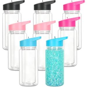 8 Pack 10 Oz Plastic Snow Globe Tumbler for Kids with Pre-Drilled Hole and Plug, Leak Proof Double Wall Snow Globe Sports Water Bottles with Portable Handle for Glitter DIY Gift, Mixed Color
