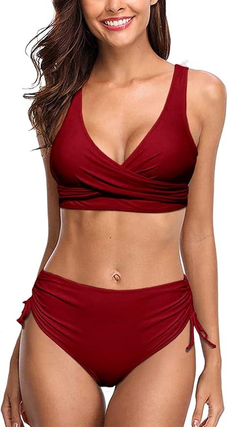 Zuvebamyo Women's High Waisted Bikini Sets Two Piece Tummy Control Swimsuit Color Block Bathing Suits Red L
