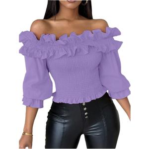 Floerns Women's Ruffle Trim Off Shoulder Flounce Sleeve Shirred Blouse Top (Violet Purple), Size: Larg