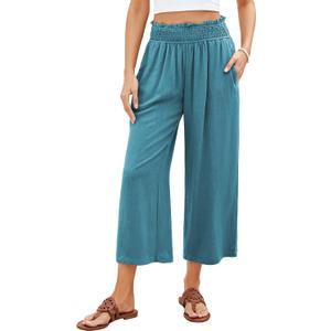 GRAPENT Capri Pants for Women High Waisted Wide Leg Linen Palazzo Trousers Pull On Elastic Smock Waist Loose Flowy Pants (Blue, L)