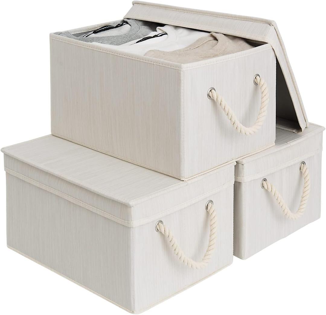 StorageWorks Storage Bins with Lids, Decorative Storage Boxes with Soft Rope Handles, Foldable Stackable Storage Baskets for Closet, Shelves, 3-Pack, Ivory and White, Large