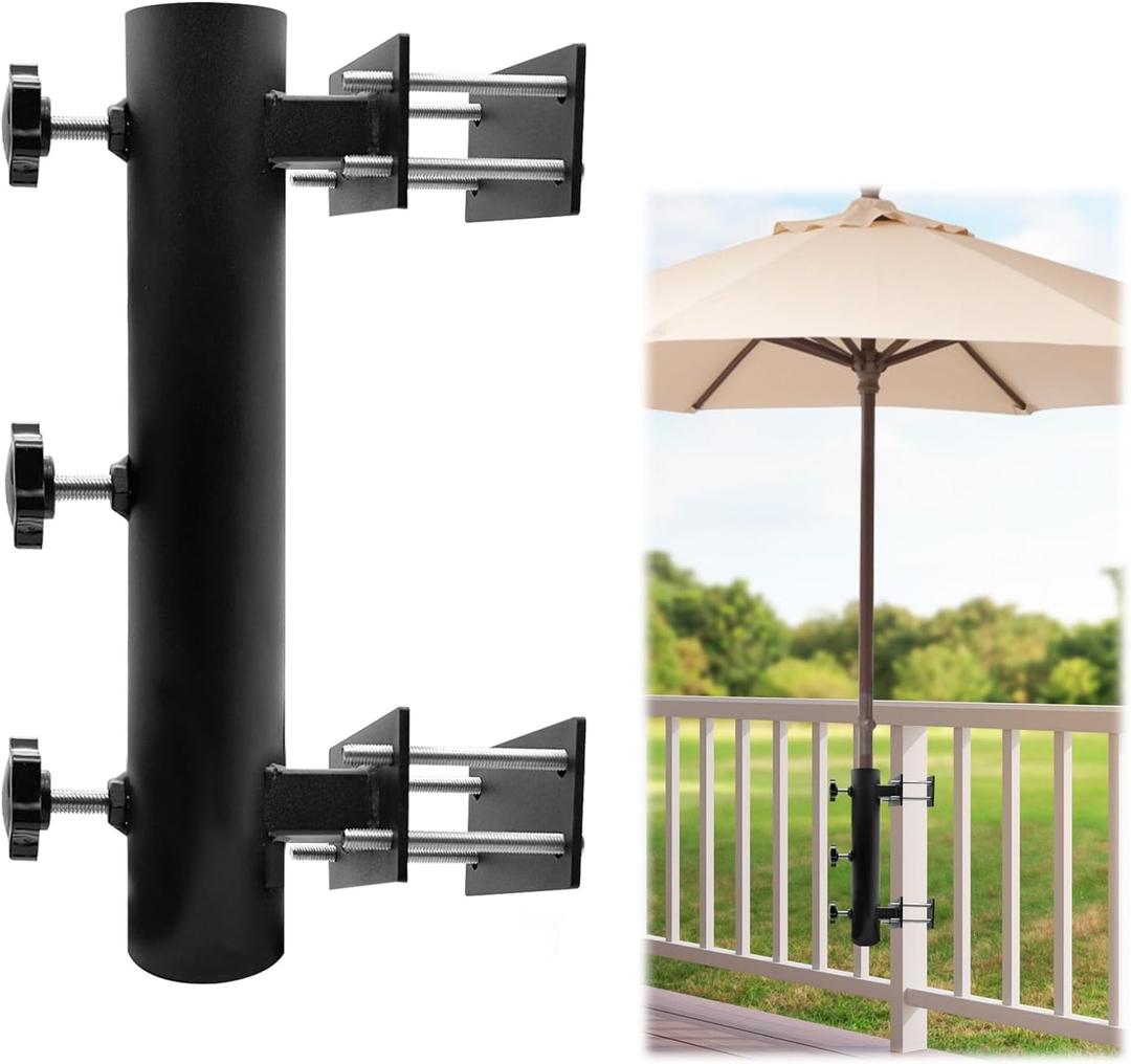 Heavy Duty Adjustable Metal Patio Umbrella Holder Clamp Stand - Durable Umbrella Mount for Deck Railing, Outdoor Courtyard & Balcony - Perfect for Wind Resistance